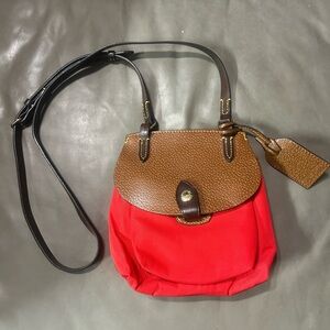Dooney & Bourke Alto Saddle Crossbody Bag Red Canvas Brown Leather